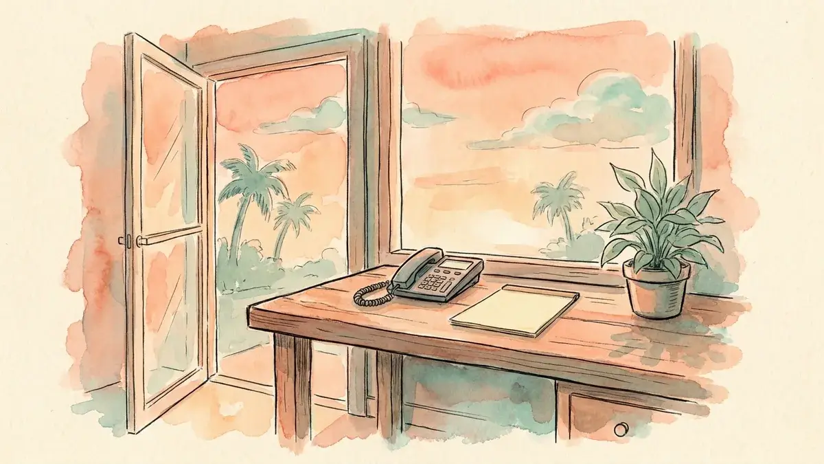 Watercolor of a small Gulf Coast shop office at dusk, a corded desk phone by the window and palms outside