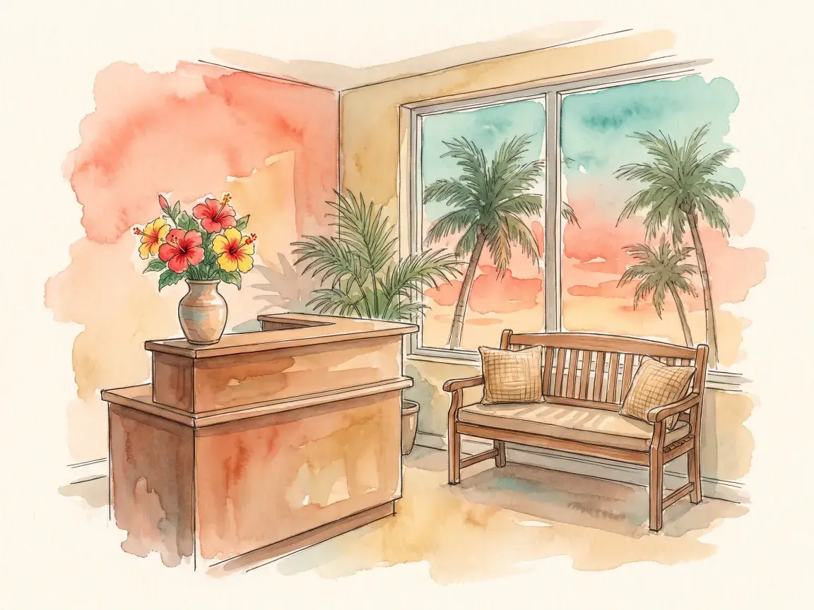 Watercolor of a bright, quiet clinic front desk with hibiscus flowers and a window onto palms