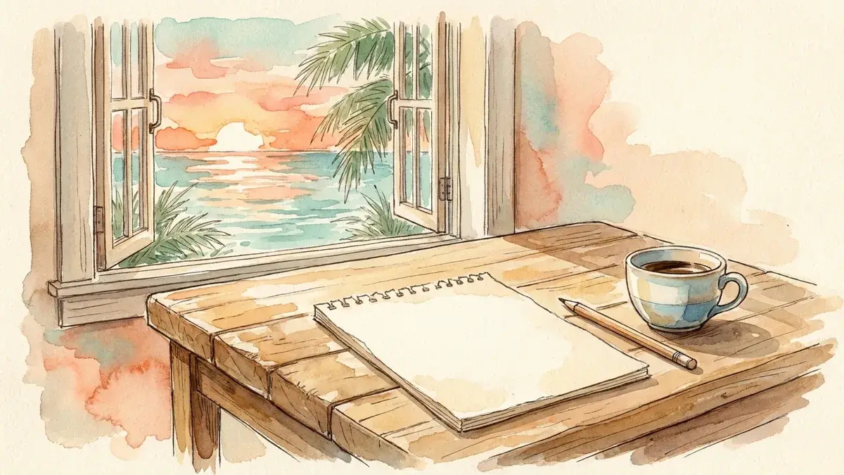 Watercolor of a blank notepad, a pencil and a coffee cup on a sunlit wooden table by a window
