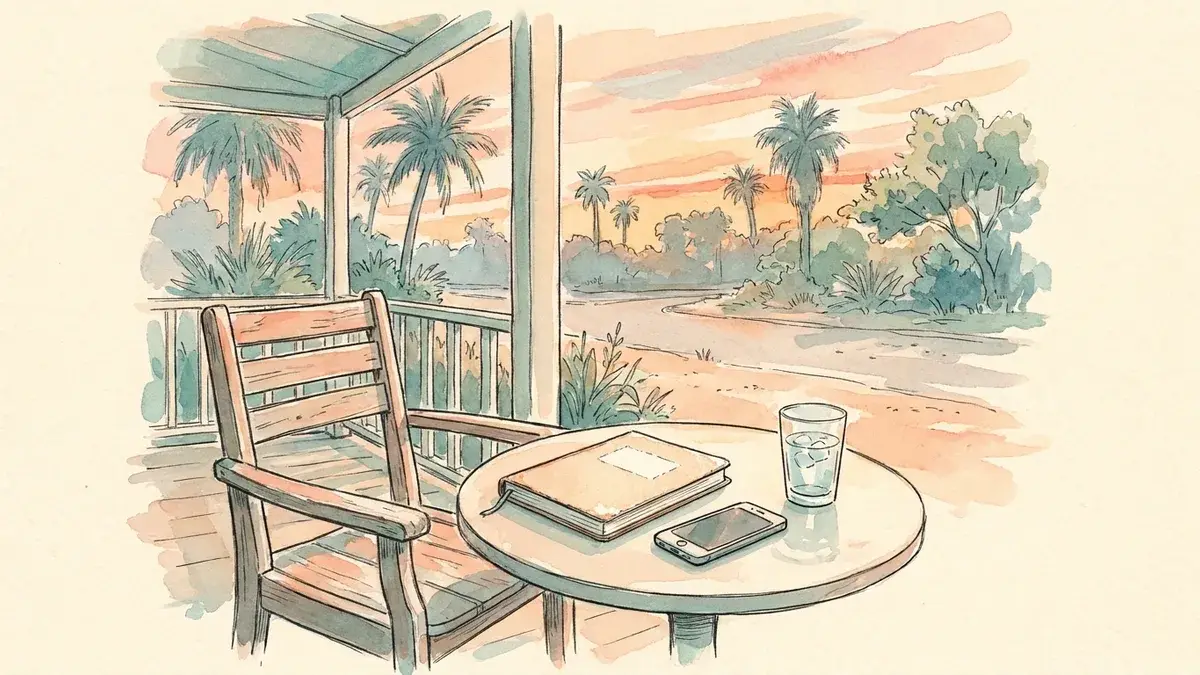 Watercolor of an empty porch chair, a closed notebook and a phone lying face down in late light