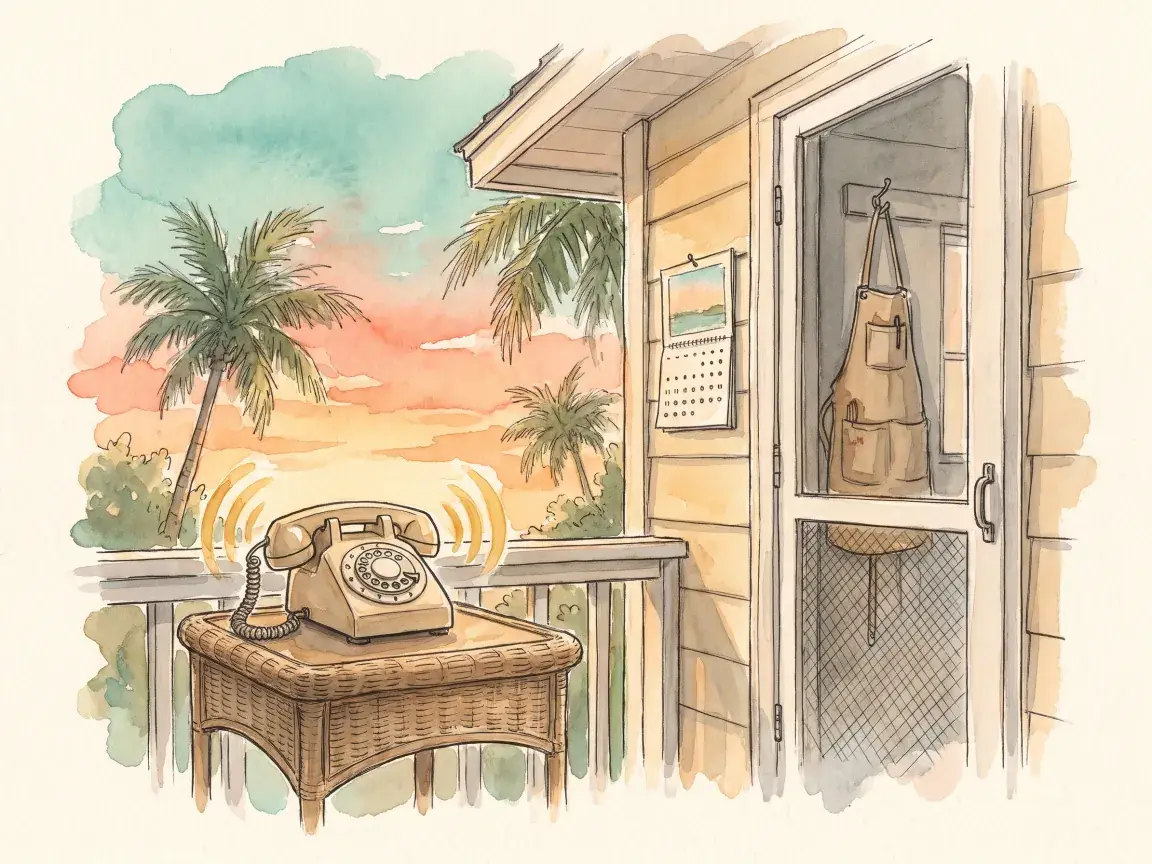Watercolor of a ringing rotary phone on a Florida bungalow porch