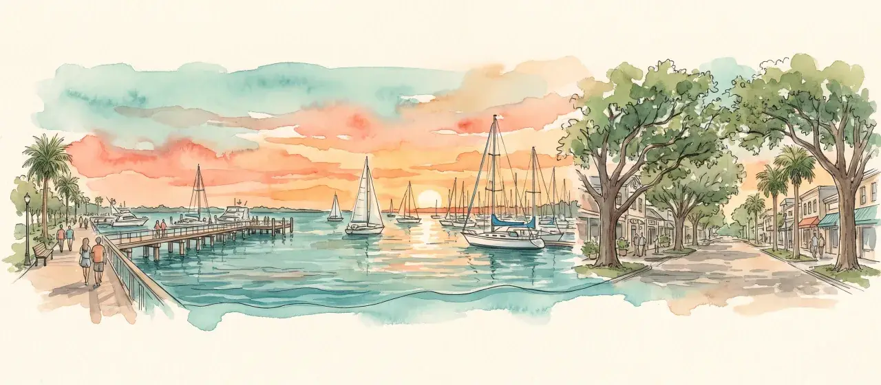 Watercolor of the Bradenton Riverwalk, Sarasota bay, and Lakewood Ranch main street in one panorama