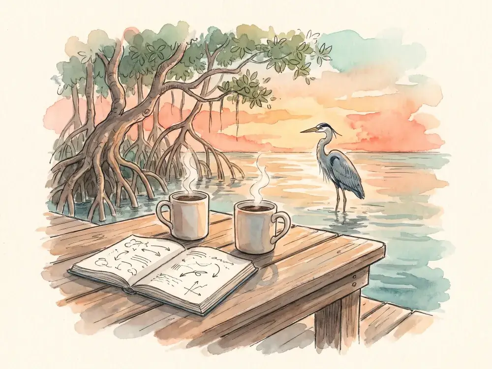 Watercolor of two coffee mugs and a sketchbook on a dock table at sunrise