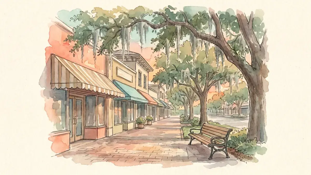 Watercolor of a palm-lined boulevard beside a lake with a fountain