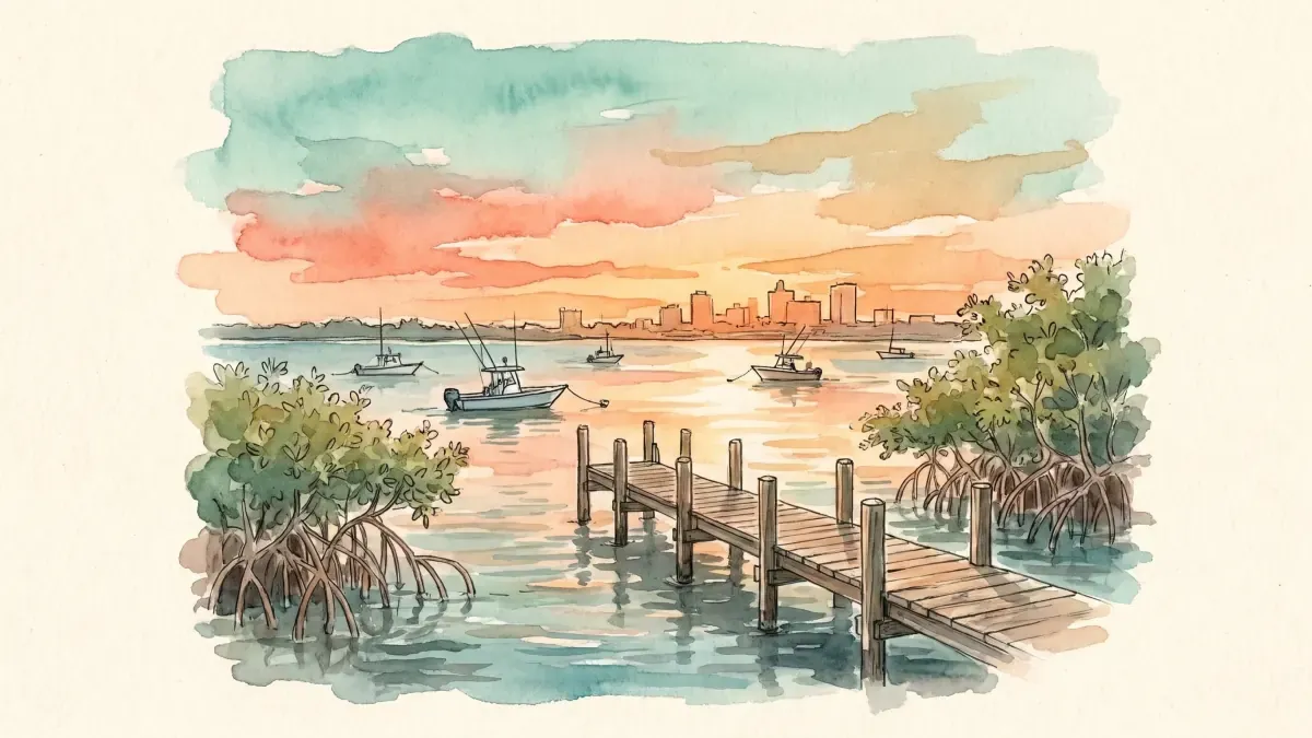 Watercolor of a marina on the Manatee River at sunset