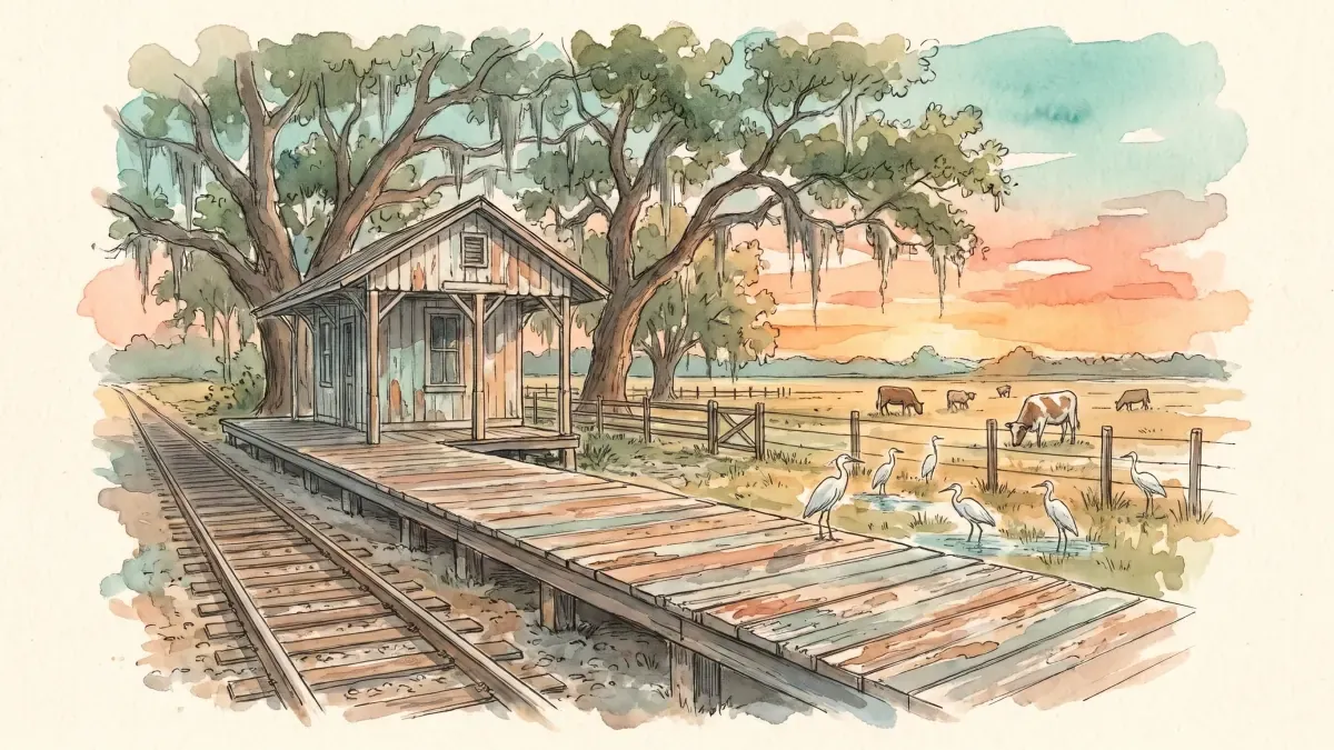 Watercolor of live oaks, farmland and new homes in rural Old Florida