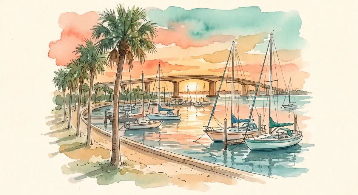 Watercolor of the Sarasota bayfront skyline