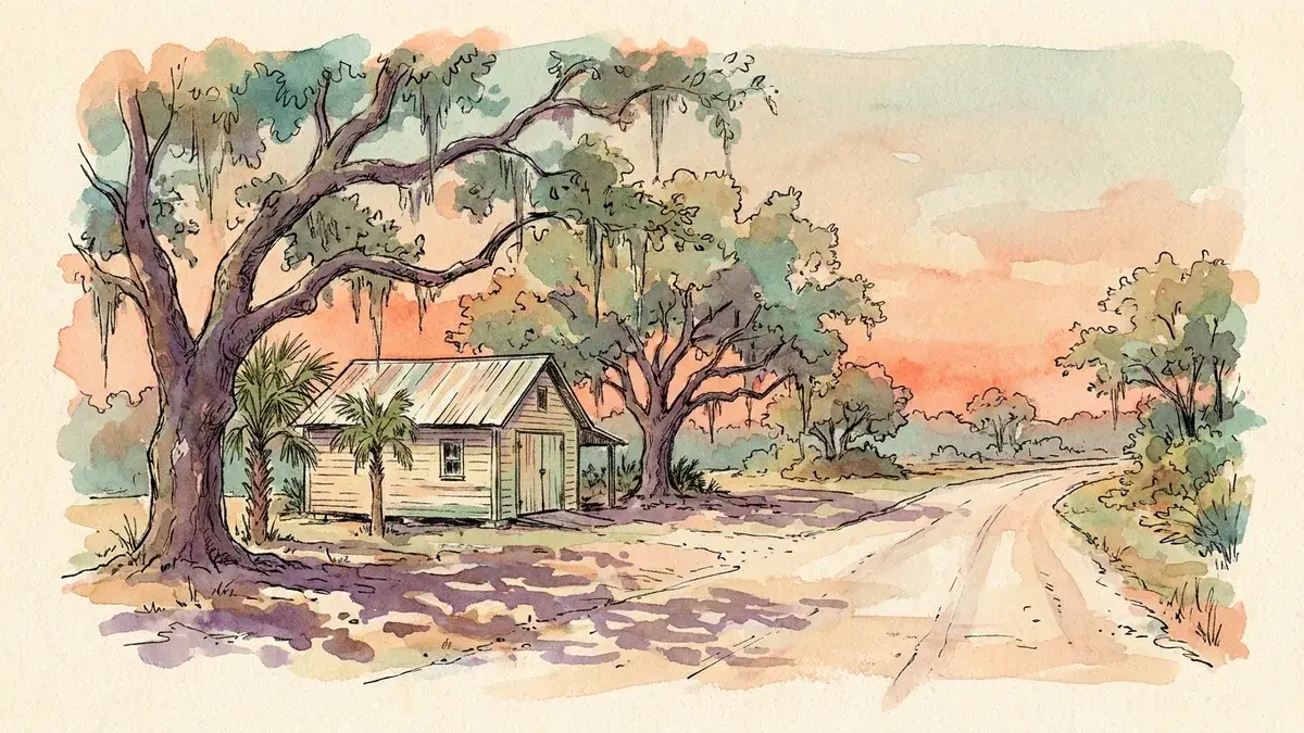 Watercolor of a quiet Parrish roadside, a small contractor shed under live oaks