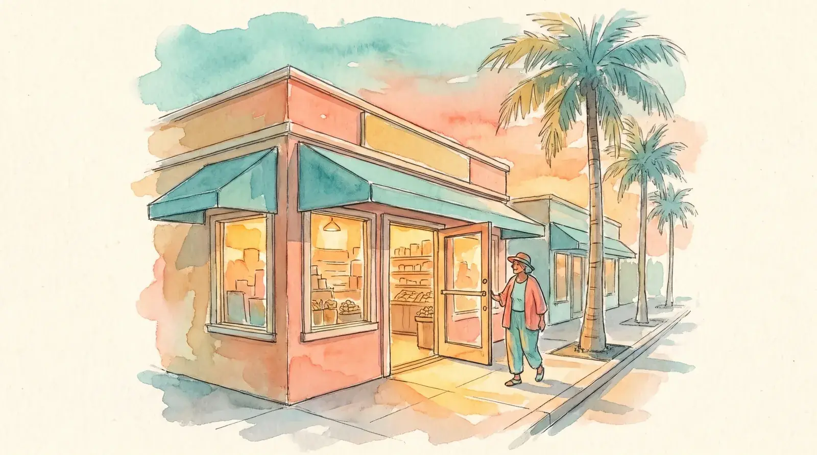 Watercolor of a beach shack shop with a map pin and stars above it