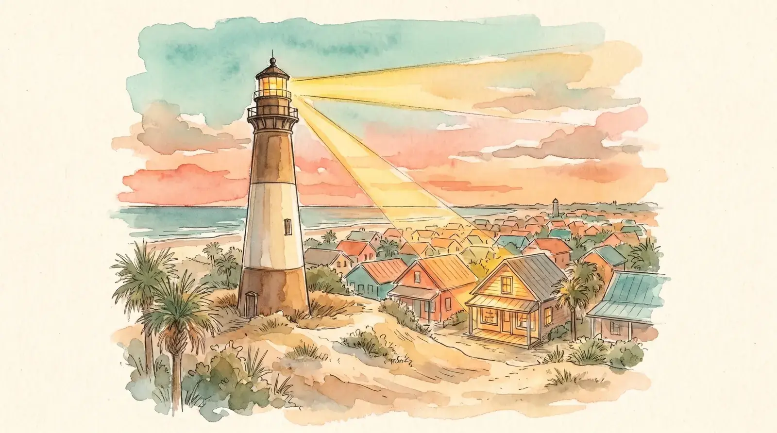 Watercolor of a magnifying glass over a paper map on a dock table at sunrise