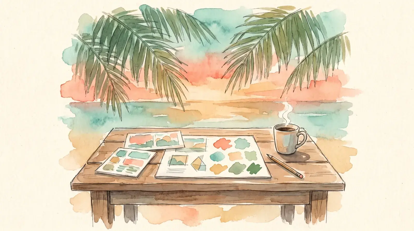 Watercolor of a laptop and phone on a wooden table under palm fronds