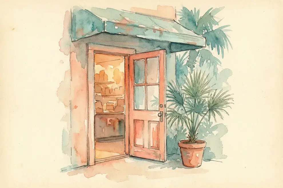 Watercolor of a small storefront door standing open to warm afternoon light