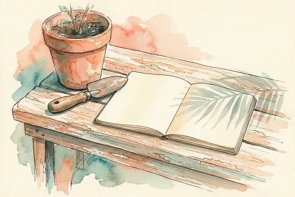 Watercolor of one open notebook and a single hand tool on a wooden bench