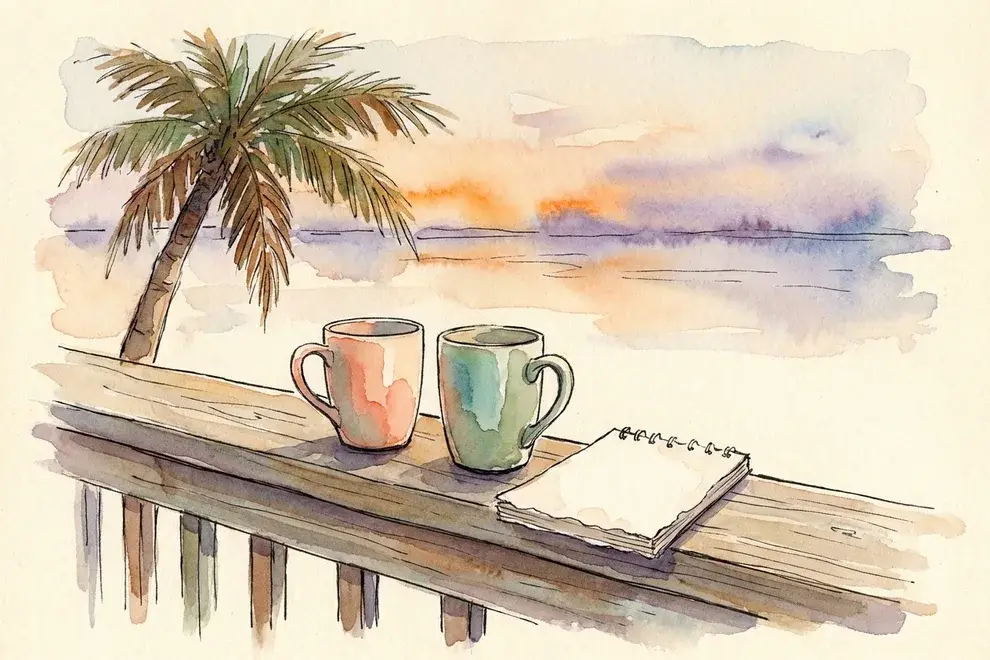 Watercolor of two cups and a blank notepad on a porch rail at sunset