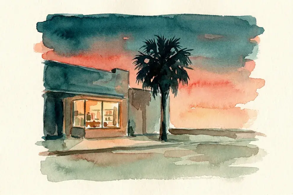 Watercolor of a small shopfront after closing, one warm window and a palm against the evening sky