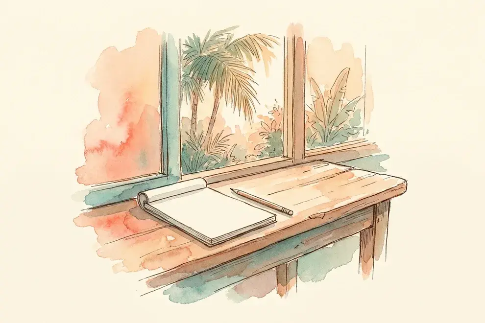 Watercolor of a shop counter by a window, a blank notepad and a pencil, palms outside