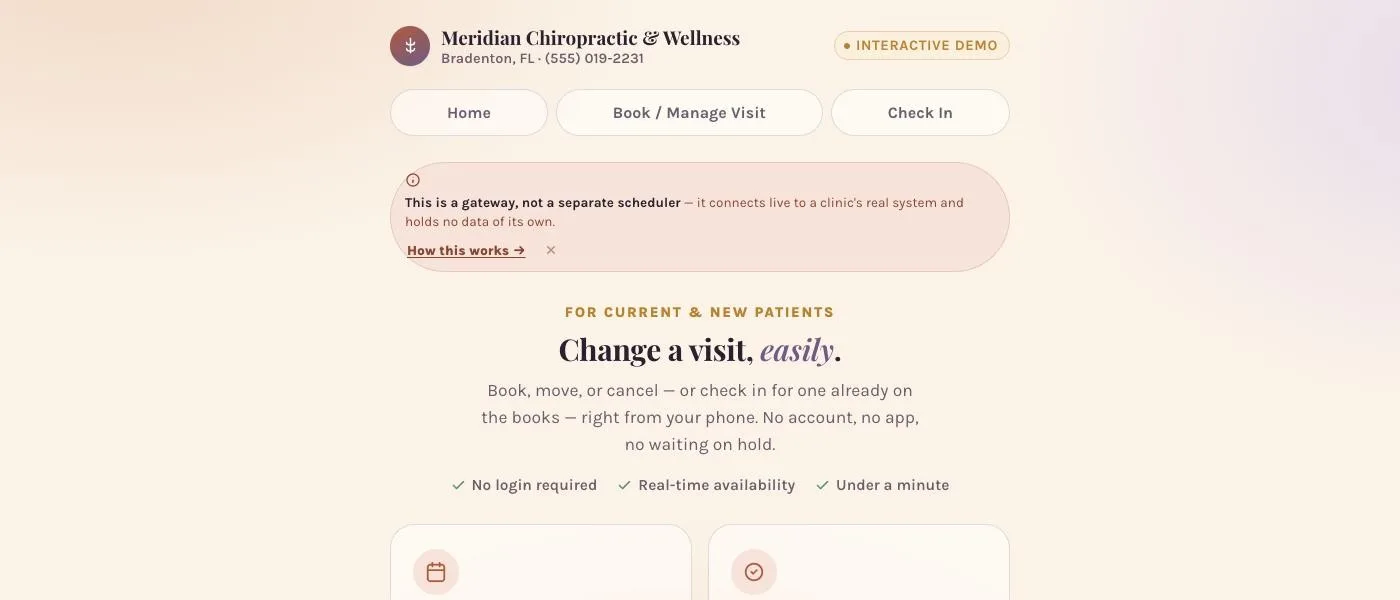 Booking home screen of our ZhealthEHR scheduling build, for a fictional demo practice